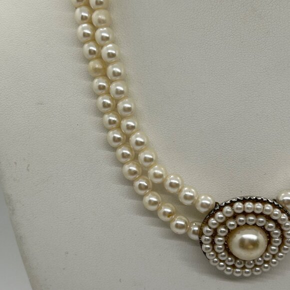 Vintage Faux Pearl Choker Double Strand Necklace With Ornate Pendant Prom Formal - Picture 7 of 15